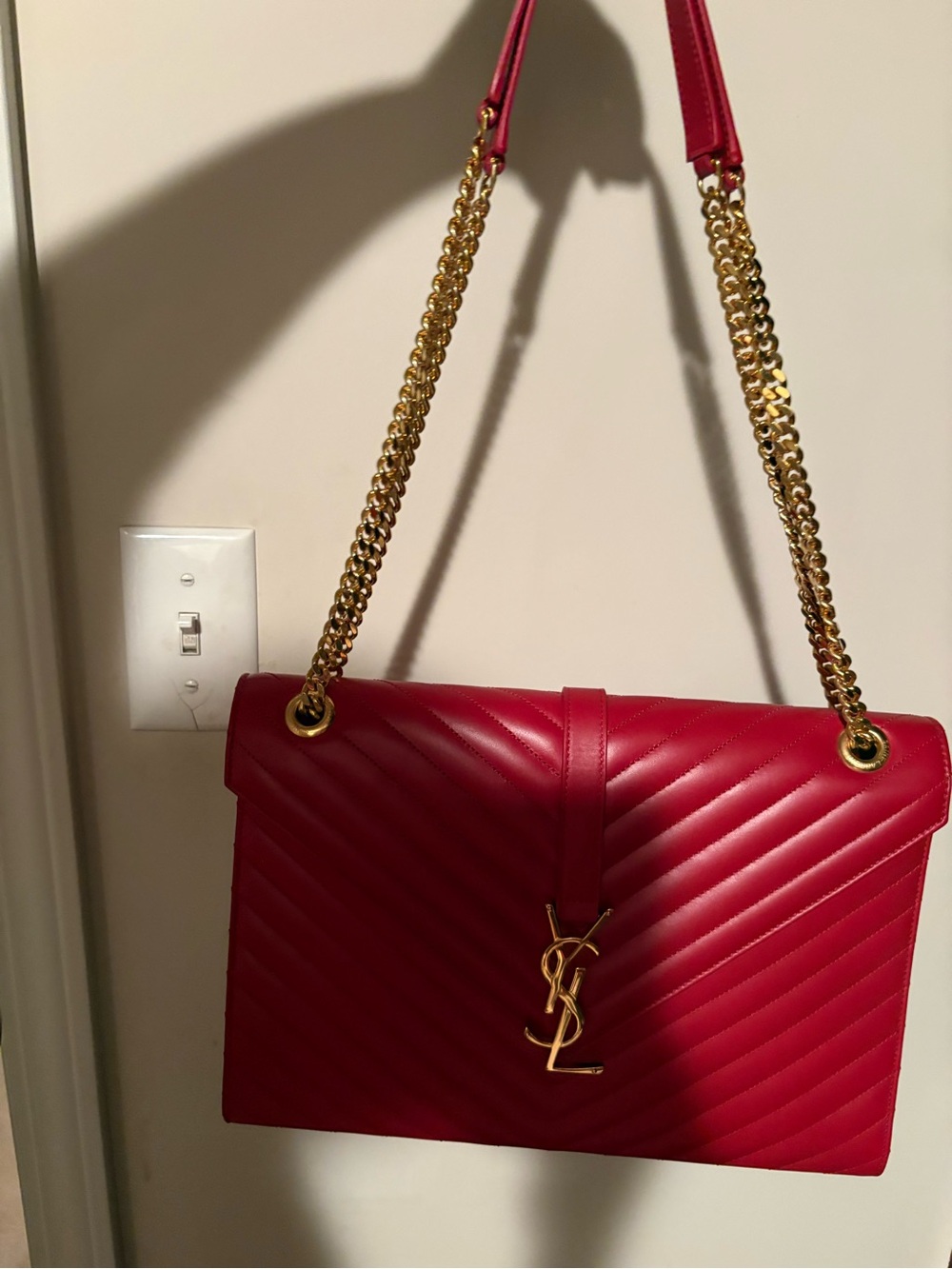 Saint Laurent Red Quilted Leather Shoulder Bag with Gold Chain